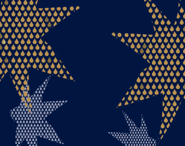 Blue banner with graphic gold starbursts.